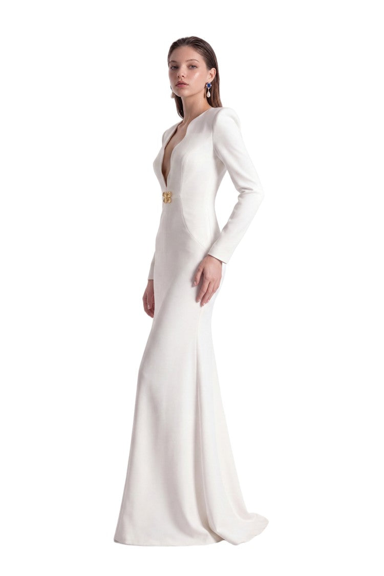 Saiid Kobeisy Floor-Length Fitted Dress With Sculpted Scalloped Plunge Neckline