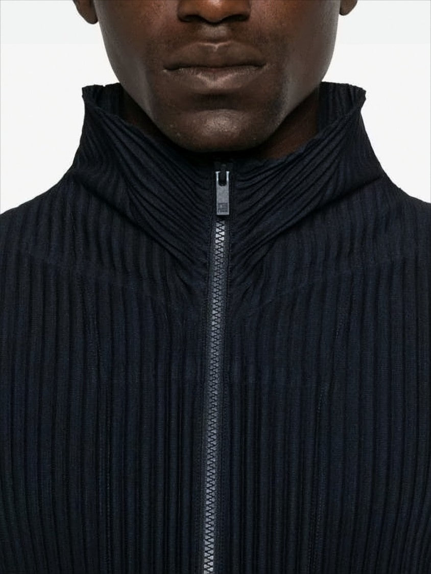Homme Plissé Issey Miyake Textured Zip-Up Hooded Sweatshirt With Vertical Pleats
