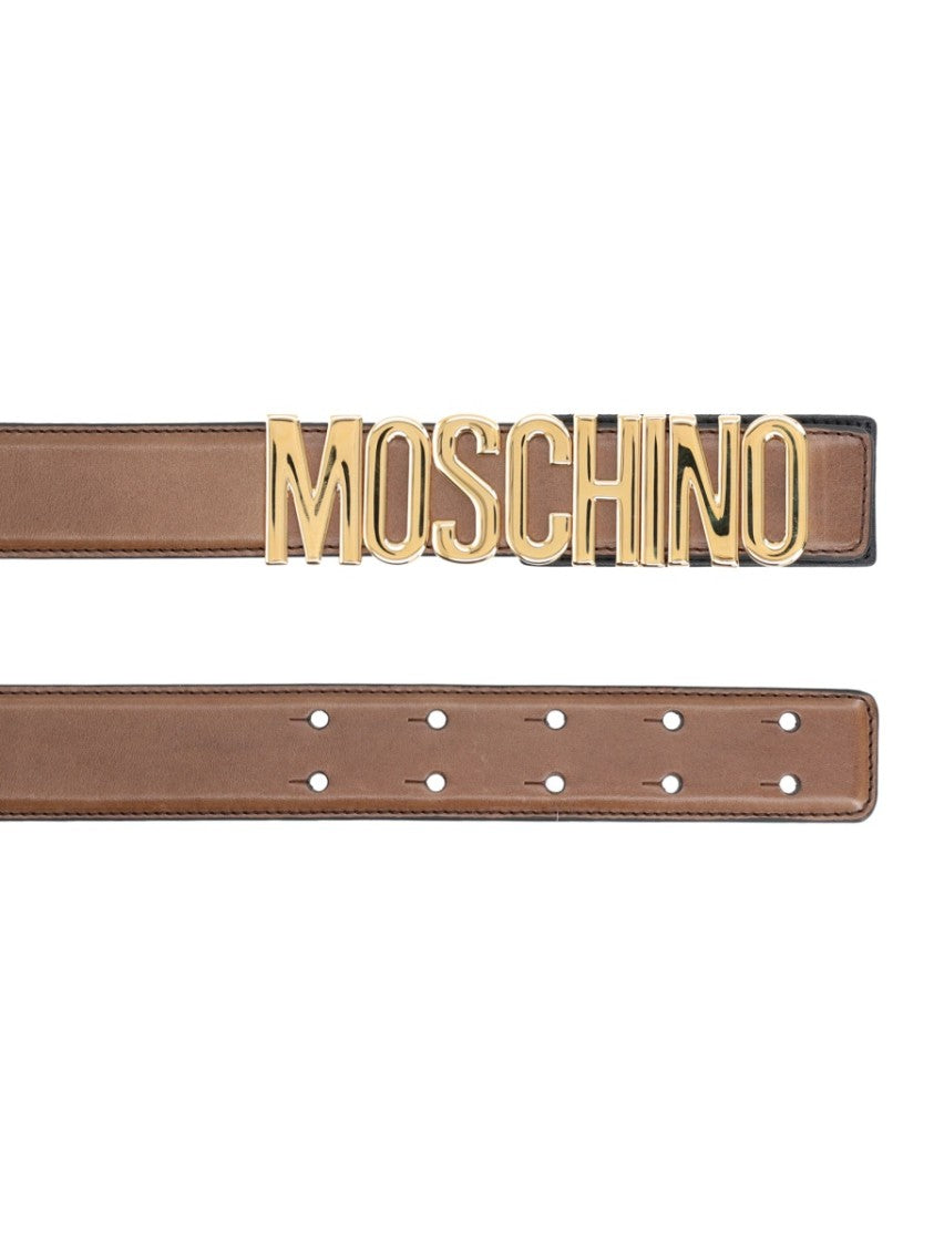 Moschino Oversized Metallic Logo Smooth Leather Belt