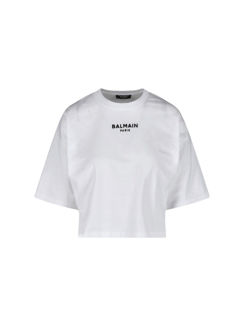 Balmain White Crop Logo Cotton T-Shirt