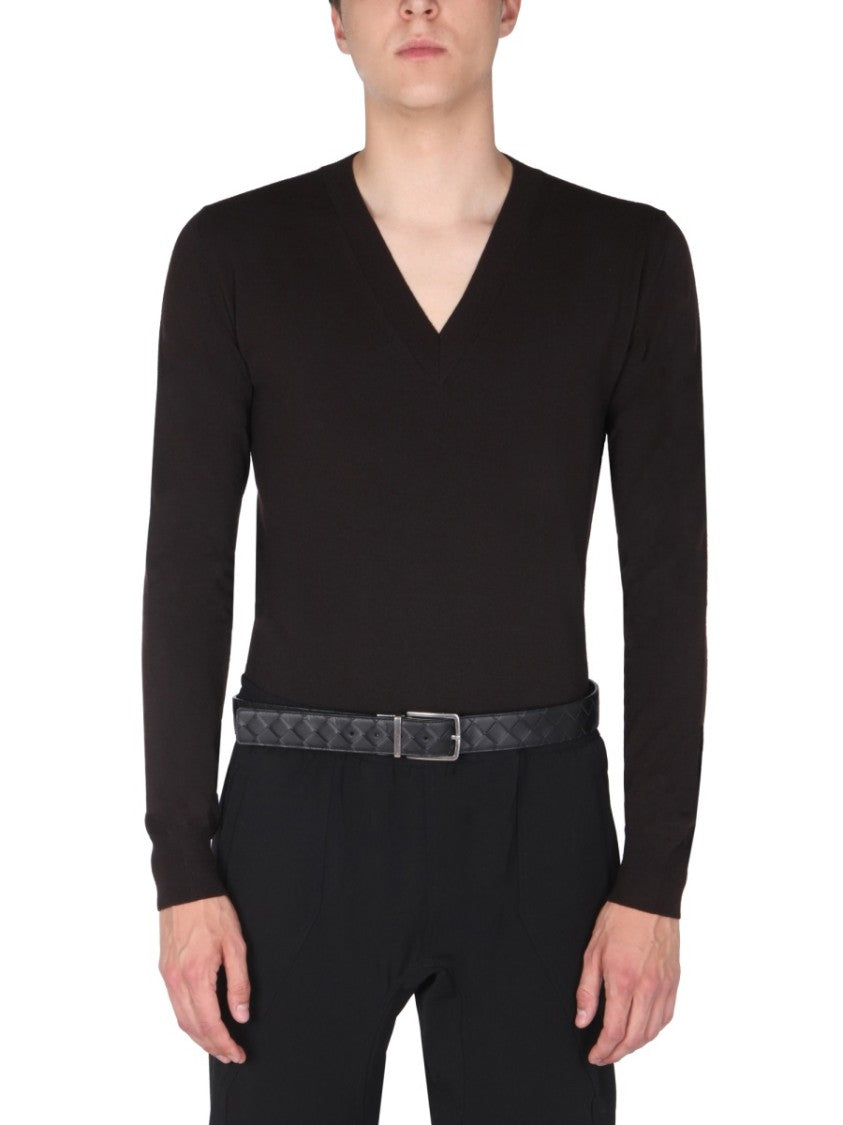 Bottega Veneta Classic V-Neck Wool Sweater With Contrasting Stitch