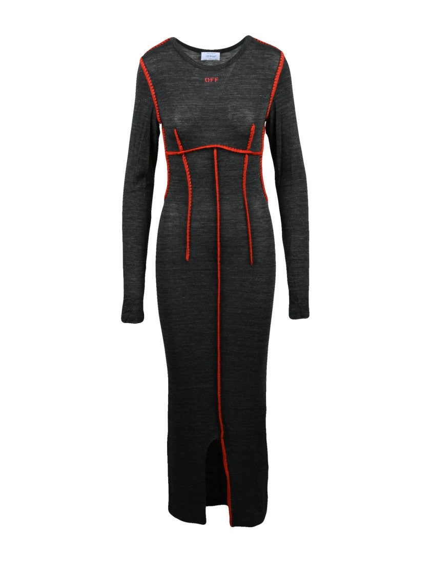 Off-White Fitted Knit Midi Dress With Contrast Stitching