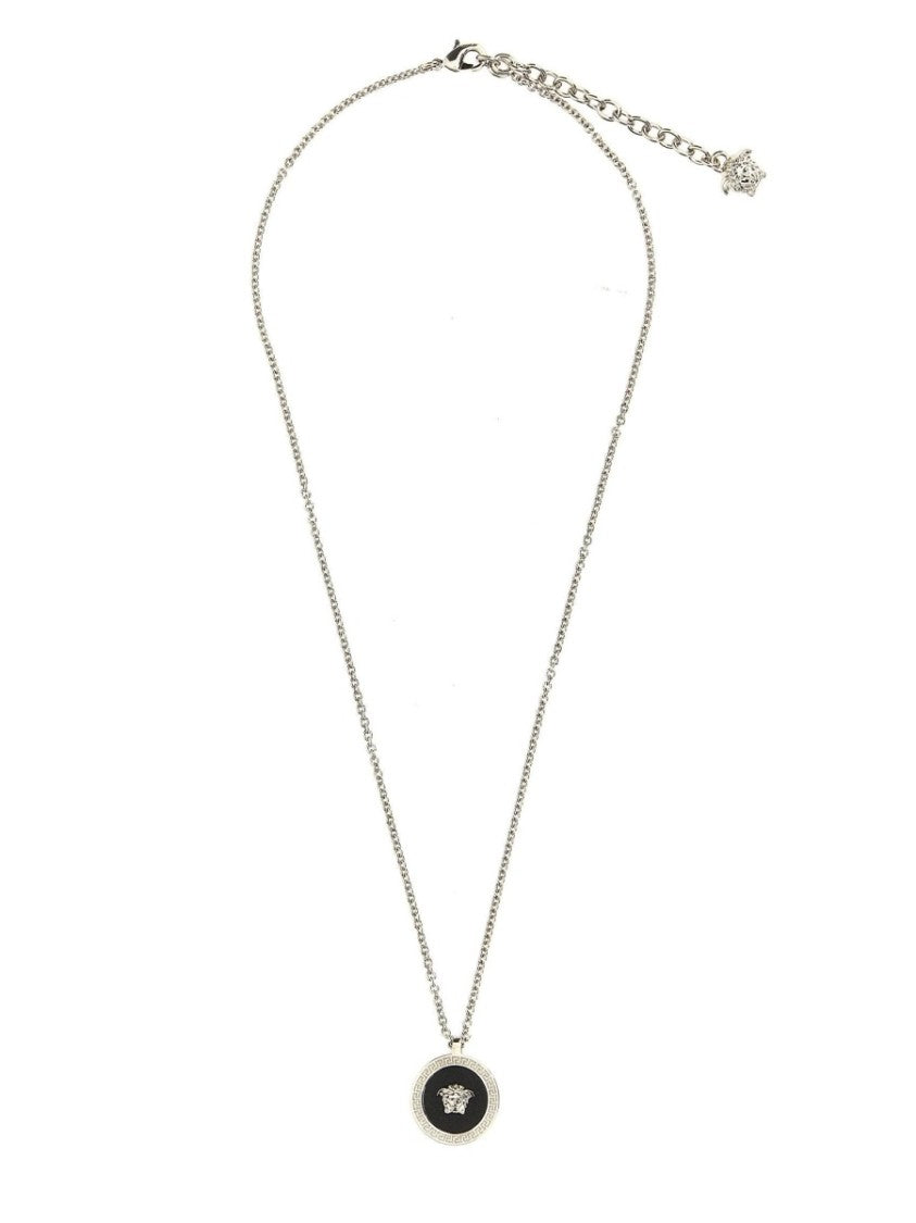 Versace Silver-Toned Brass Necklace With Medusa Emblem And Adjustable Chain