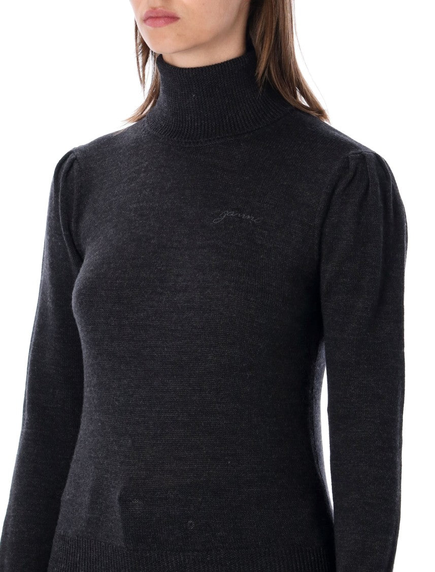 Ganni High Neck Merino Sweater With Lace Trims