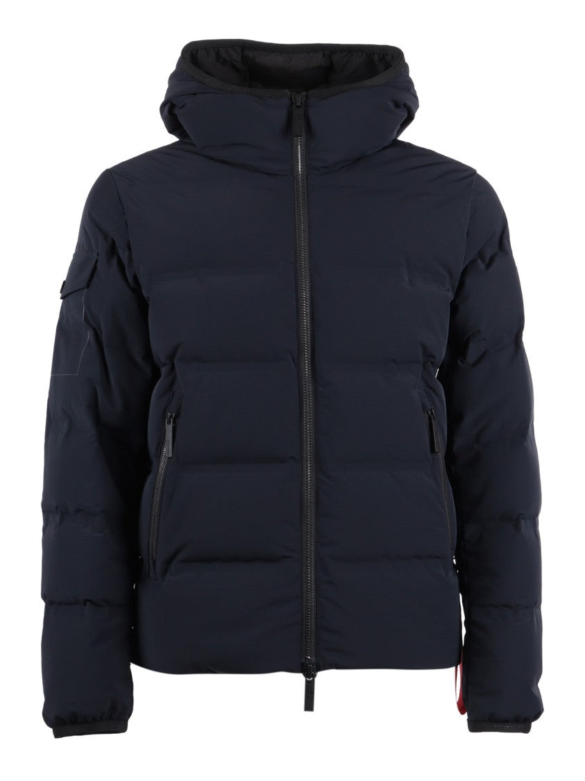After Label Quilted Blue Padded Jacket With Hood And Structured Silhouette