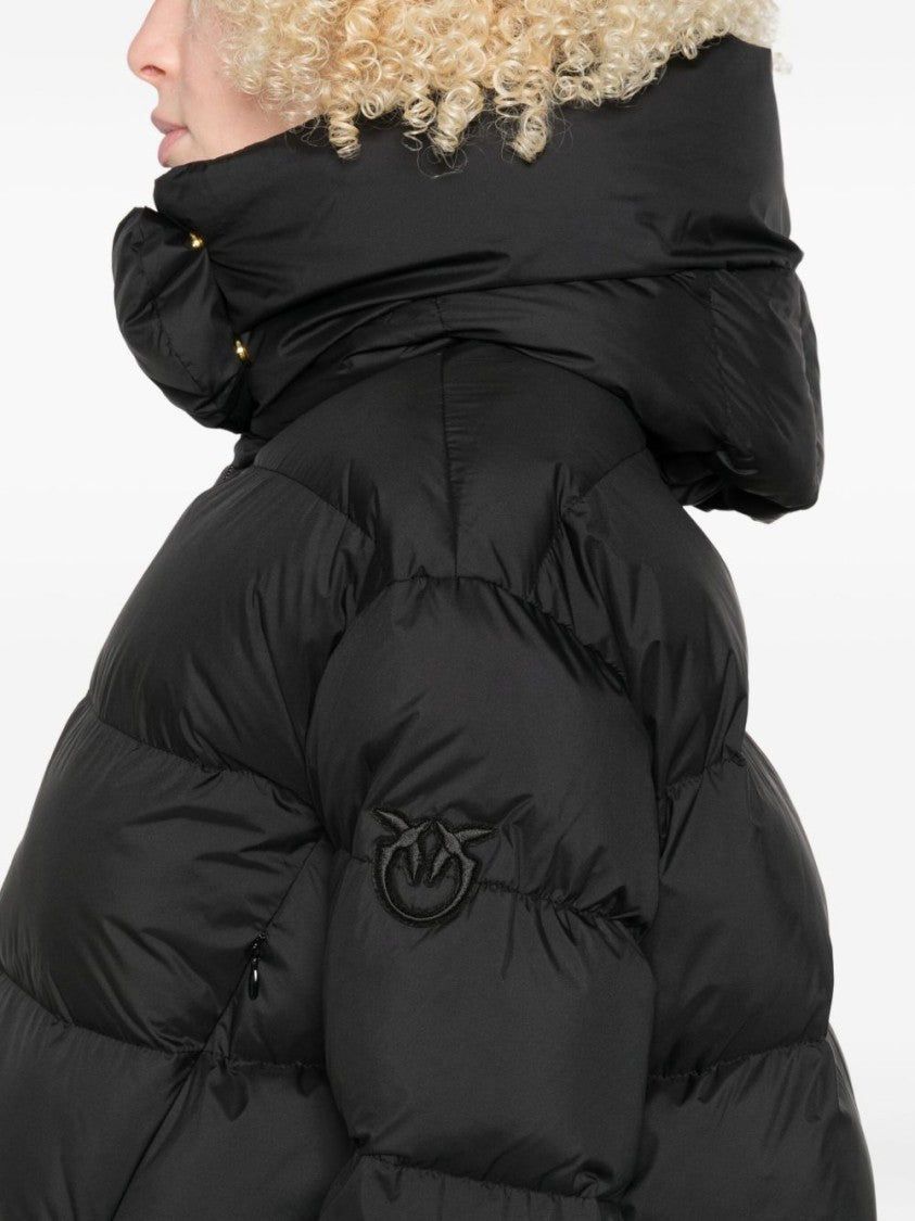 Pinko Quilted Black Coat With High Neck And Logo Patch