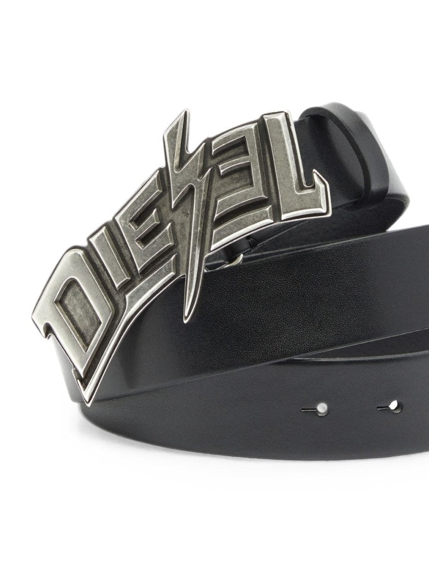 Diesel Black Lightning Bolt Design Metallic Buckle Silk-Nylon Blend Belt