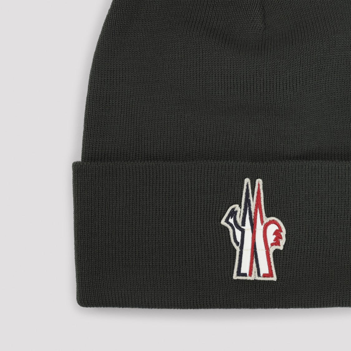 Moncler Grenoble Knitted Black Beanie With Logo Patch And Folded Cuff