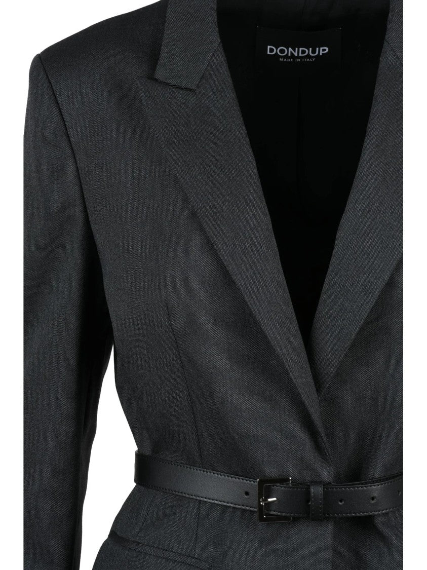 Dondup Black Belted Virgin Wool-Blend Formal Coat