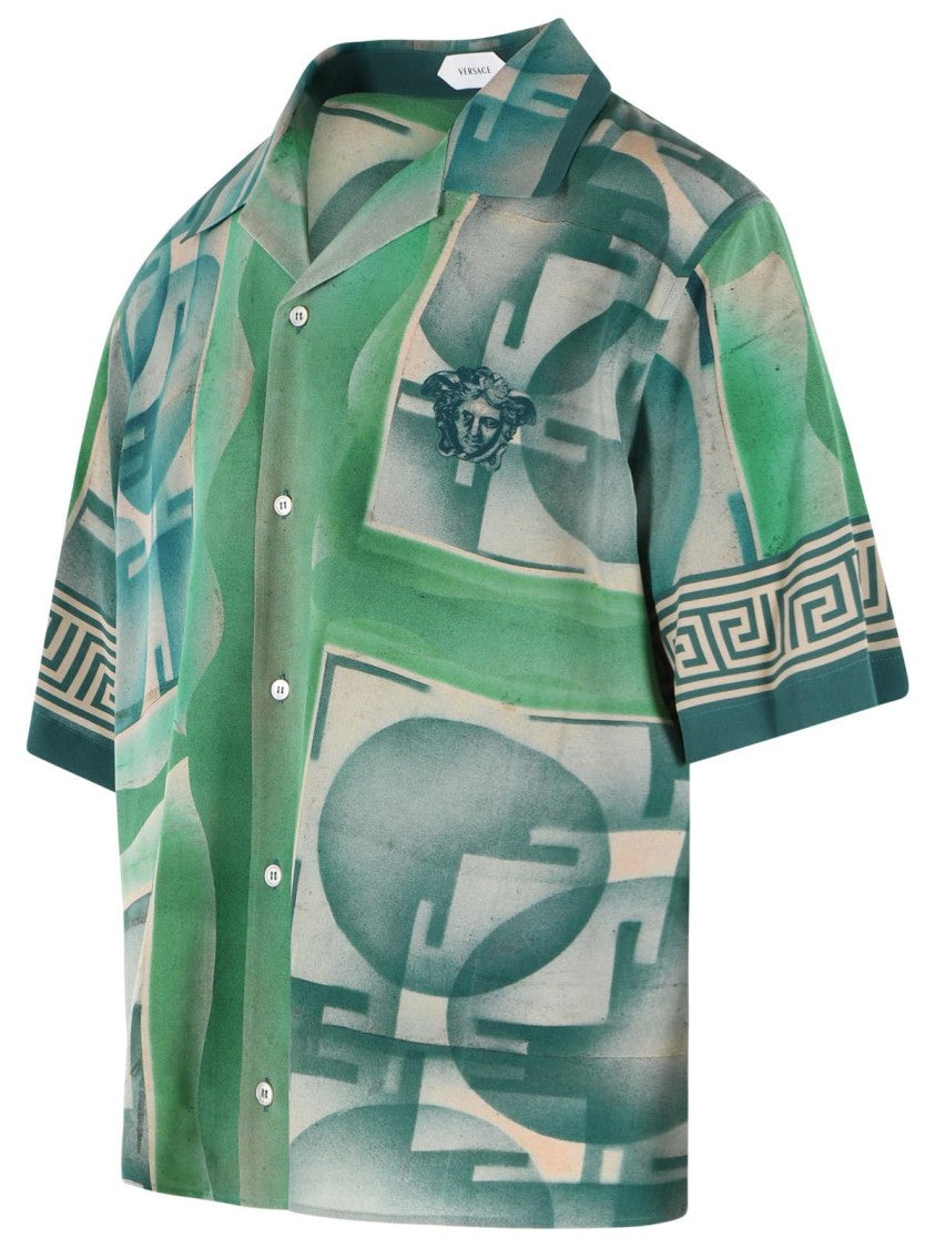 Versace Short-Sleeve Green Silk Shirt With Geometric Print