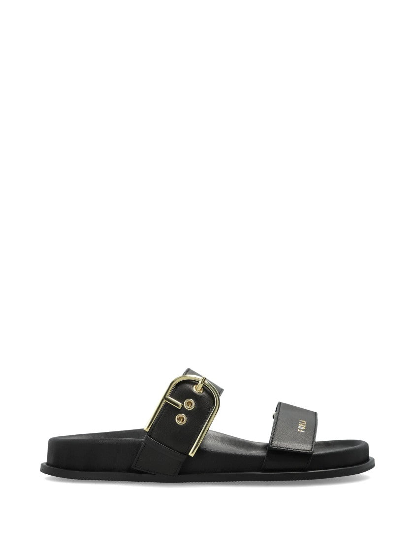 Furla Solea Sandal Black Leather Gold Buckle