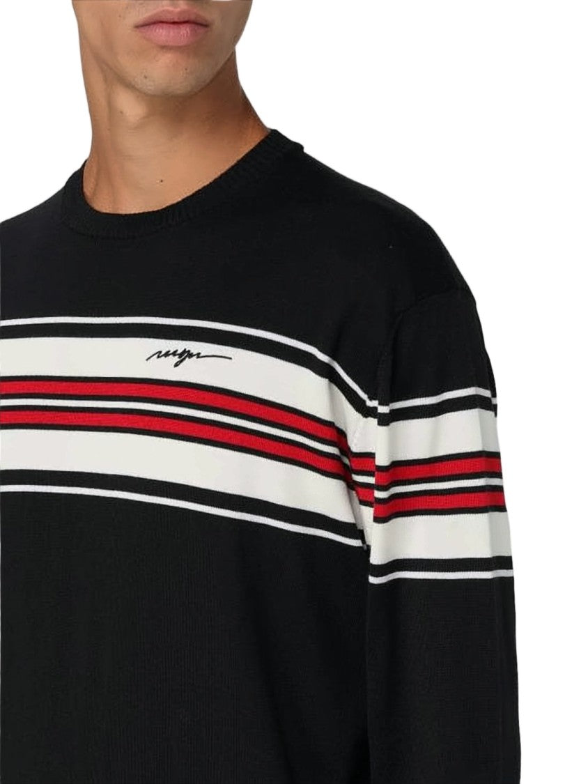 Msgm Horizontal Striped Knit Sweater With Signature Detail