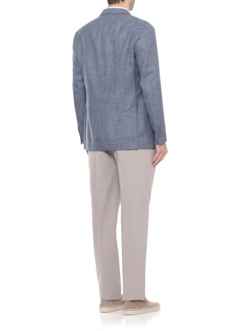 Brunello Cucinelli Blue Wool Linen Peak Lapel Blazer