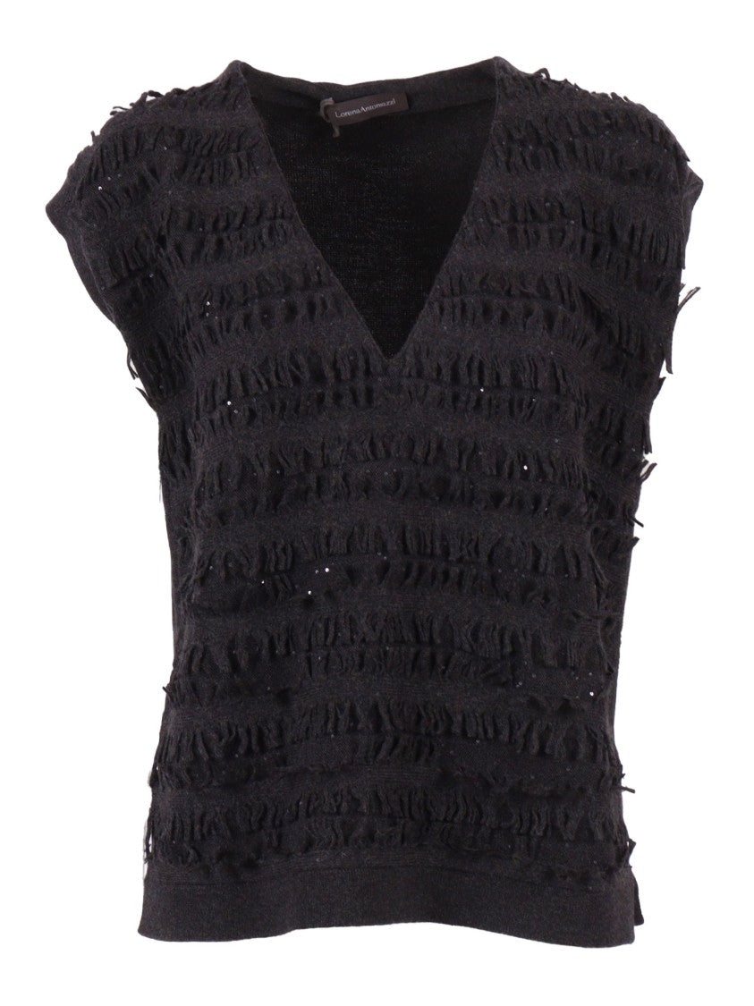 Lorena Antoniazzi Textured Black Knit Vest With Deep V-Neck Design