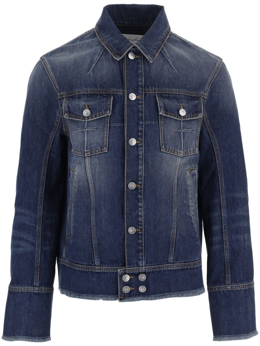 Matieres Fecales Classic Collar Cotton Denim Jacket With Frayed Back Detail