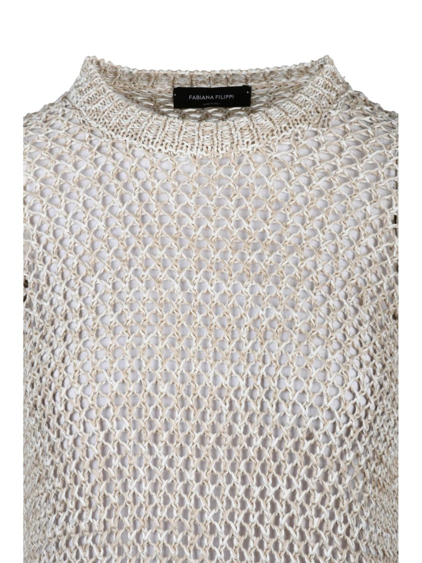Fabiana Filippi Beige White Two-Tone Open Weave Short Cotton Knit Top