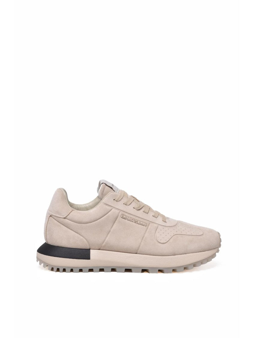 Emporio Armani Beige Leather Contrast-Heel Sneakers