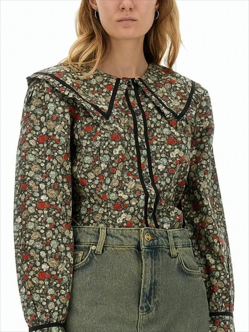 Ganni Floral Print Blouse With Oversized Collar And Puffed Sleeves