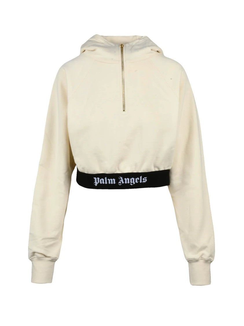Palm Angels Cropped Hoodie With Half-Zip Front And Bold Waistband