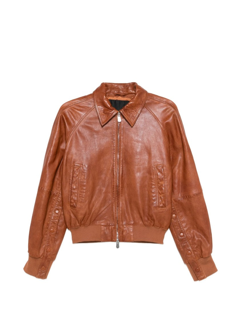 Pinko Brown Barbra Bomber Leather Jacket