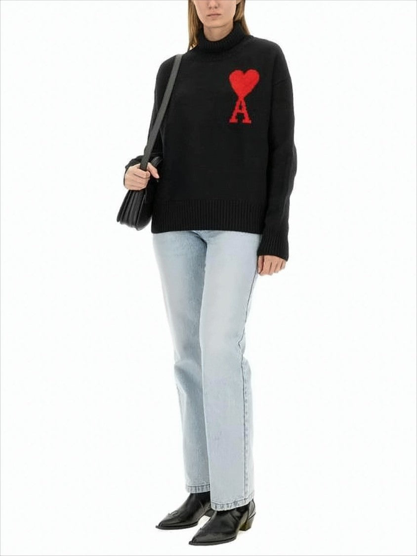 Ami Relaxed Fit Black Wool Turtleneck Sweater With Graphic Heart Motif