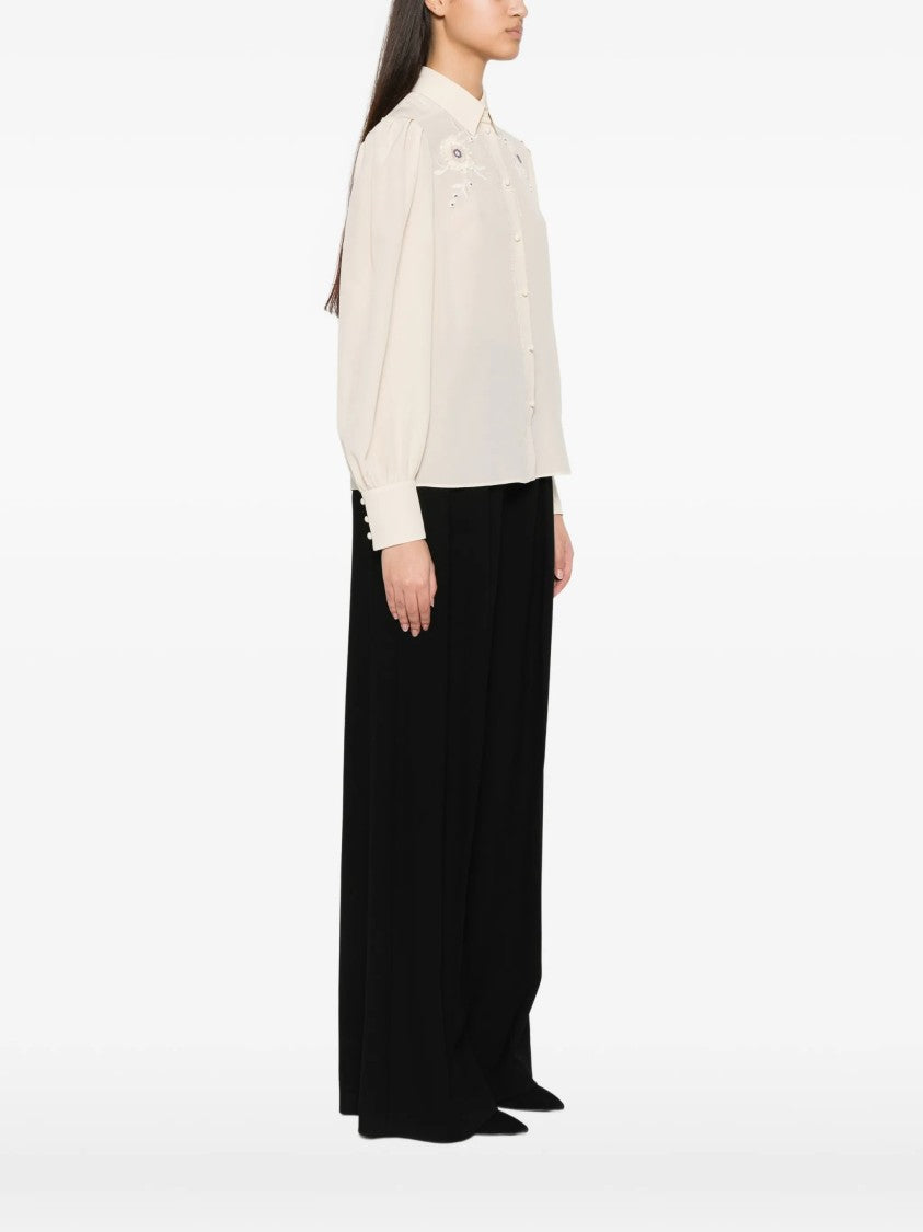 Valentino Neutral Floral Embroidered Puff Sleeve Shirt