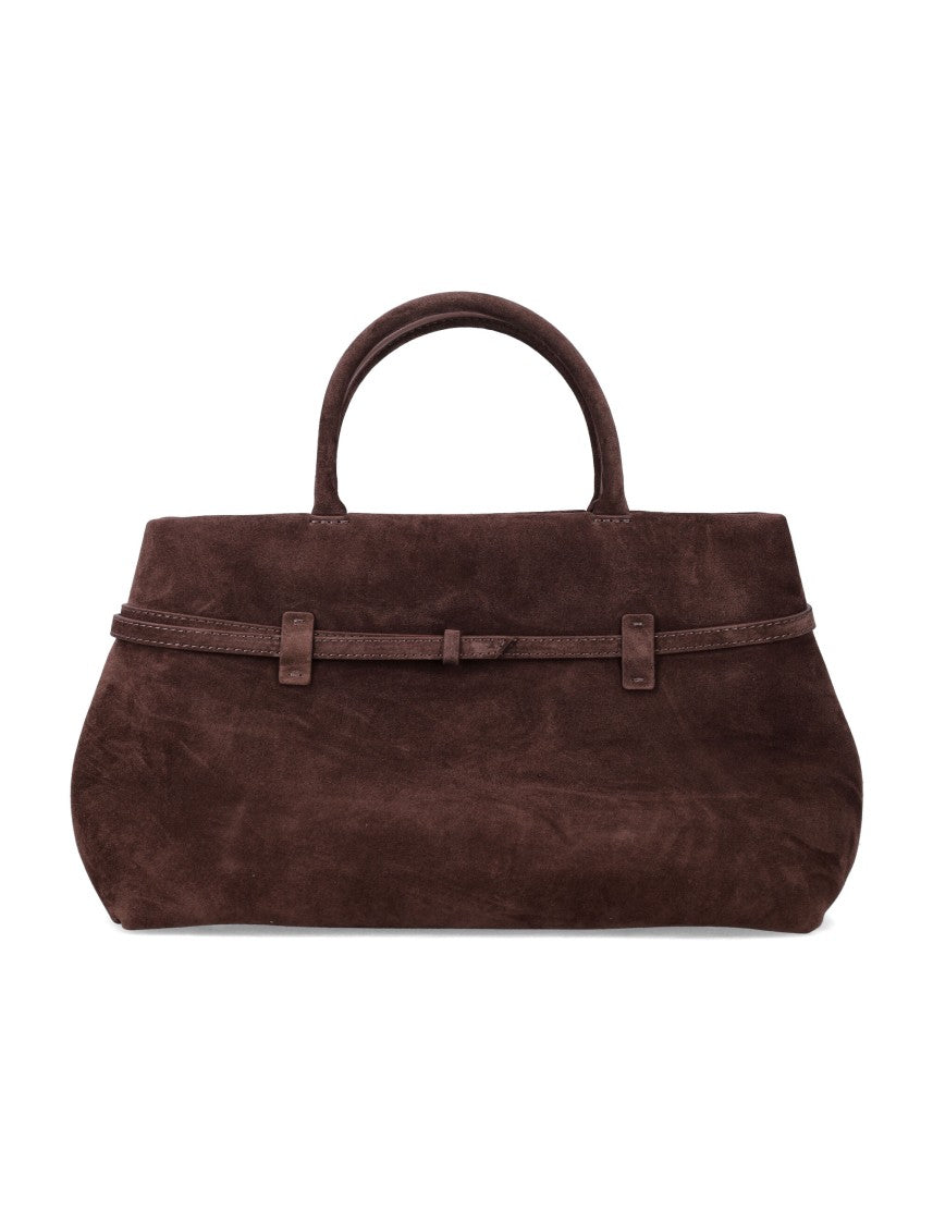 Manu Atelier Le Cambon 35 Belted Gold Logo Structured Suede Shoulder Bag