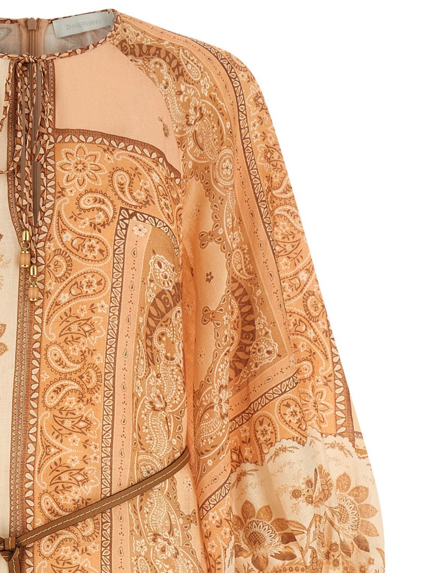 Zimmermann Peach Bandana Print Linen Midi Dress With Adjustable Neckline
