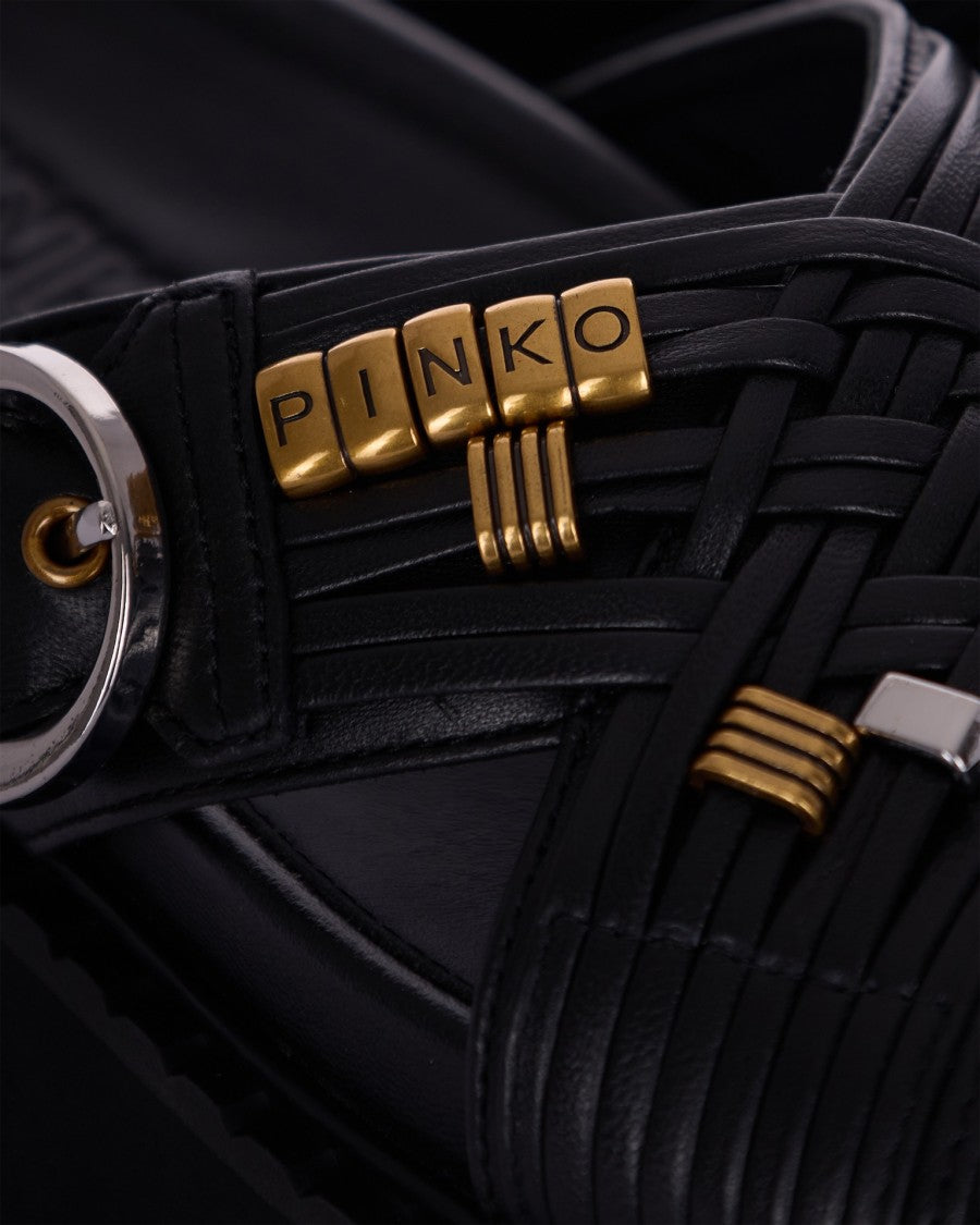 Pinko Woven Black Eco-Leather Sandals With Metallic Accents