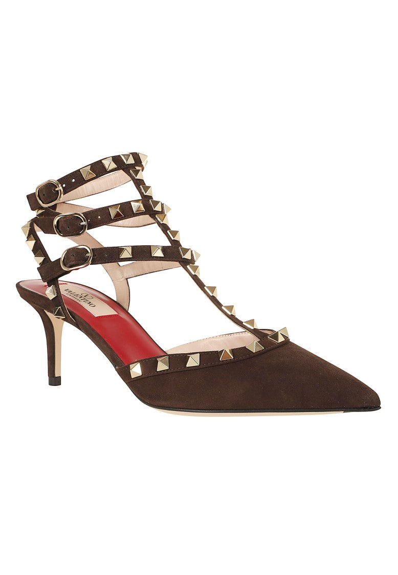 Valentino Garavani Dark Brown Suede Rockstud Ankle Strap Pumps