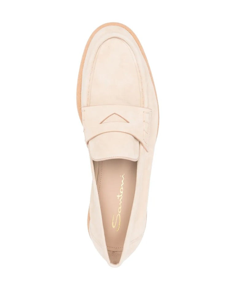 Santoni Beige Penny Strap Leather Loafers
