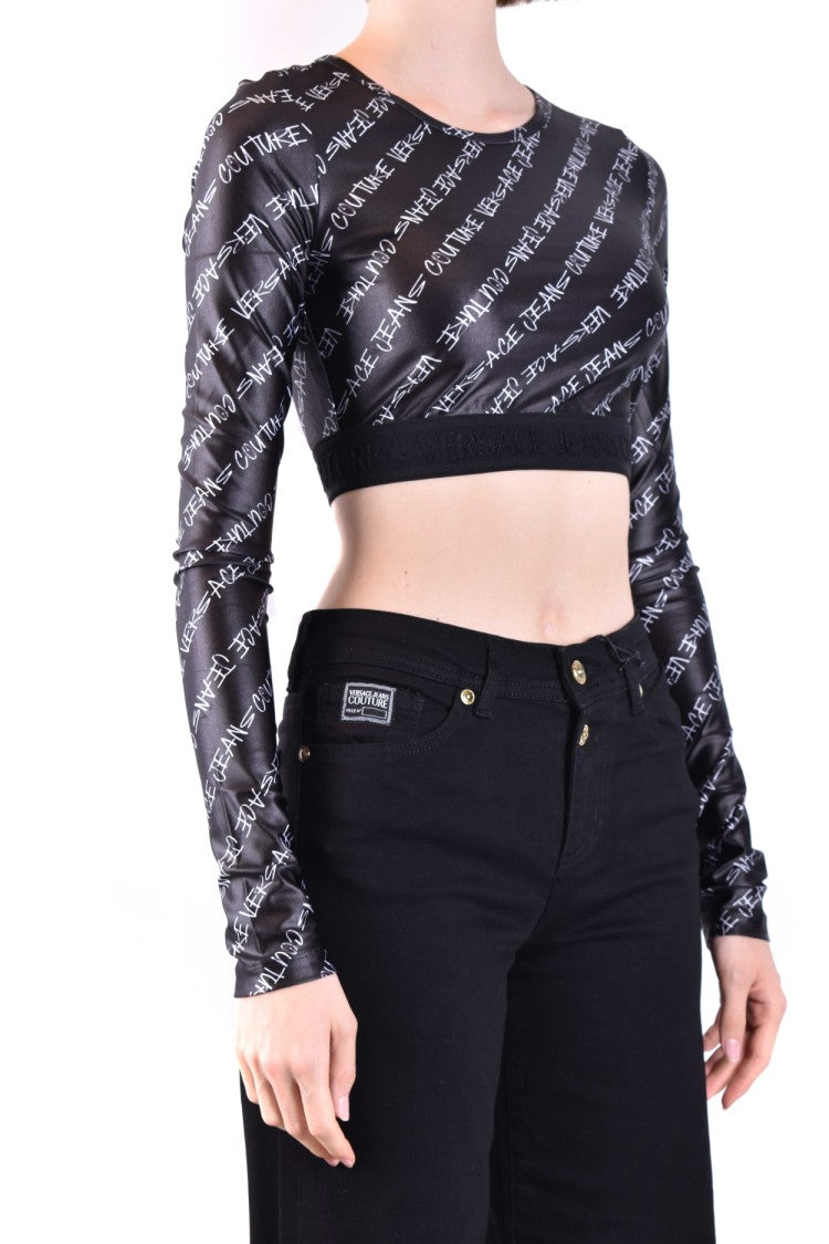 Versace Jeans Couture Long Sleeve Crop Top With Signature Logo Print And Luxurious Fit