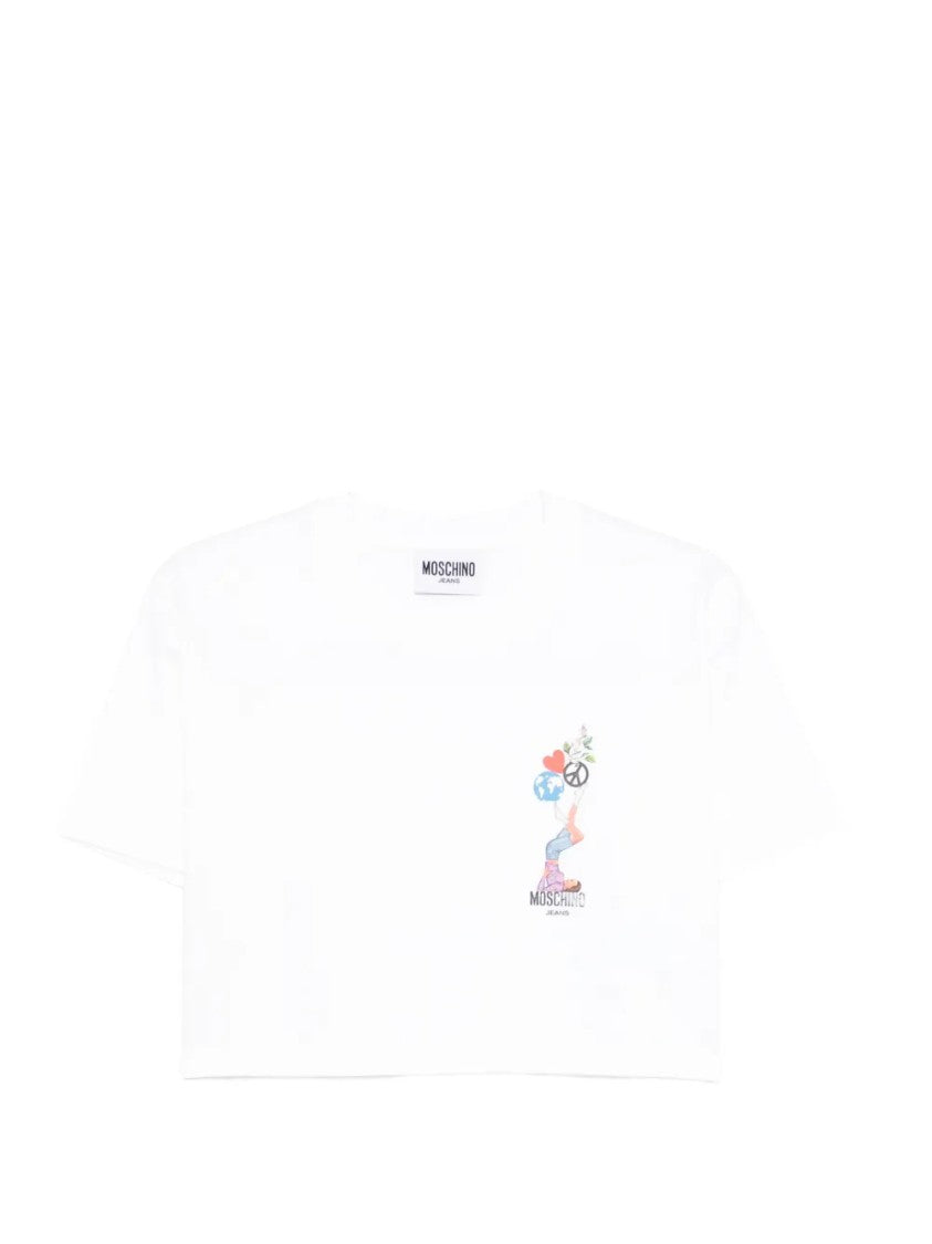 Moschino Cropped White T-Shirt With Playful Graphic Accents