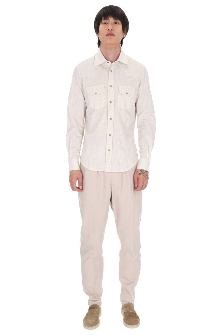 Eleventy Sabbia Textured Cotton-Linen Texas Shirt