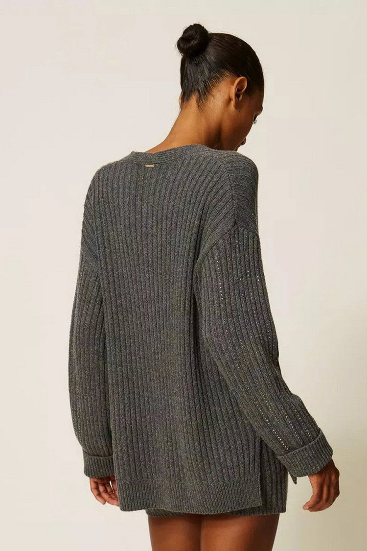 Twin-Set Grey Ribbed V-Neck Viscose-Blend Cardigan