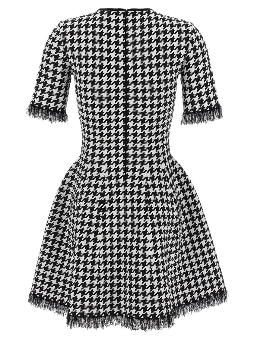 Mcqueen Mini Houndstooth Jacquard Dress With Fringe Details