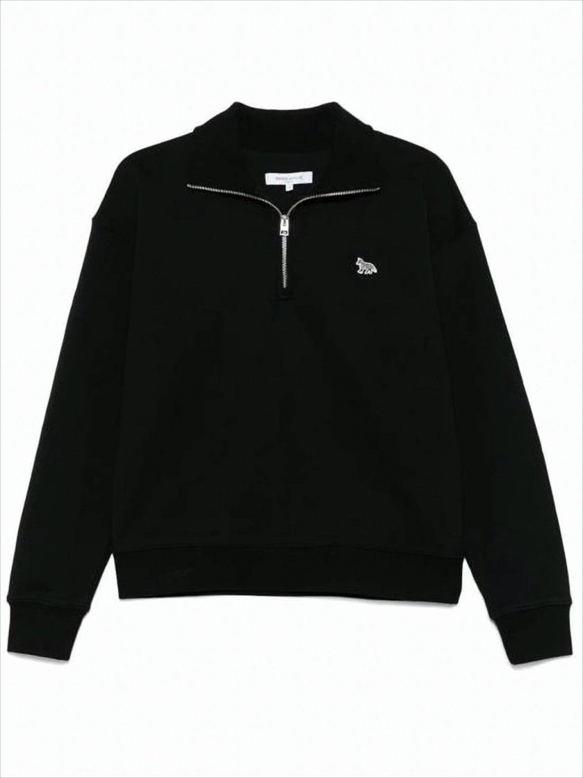 Maison Kitsuné Half-Zip Black Pullover With High Collar And Ribbed Details