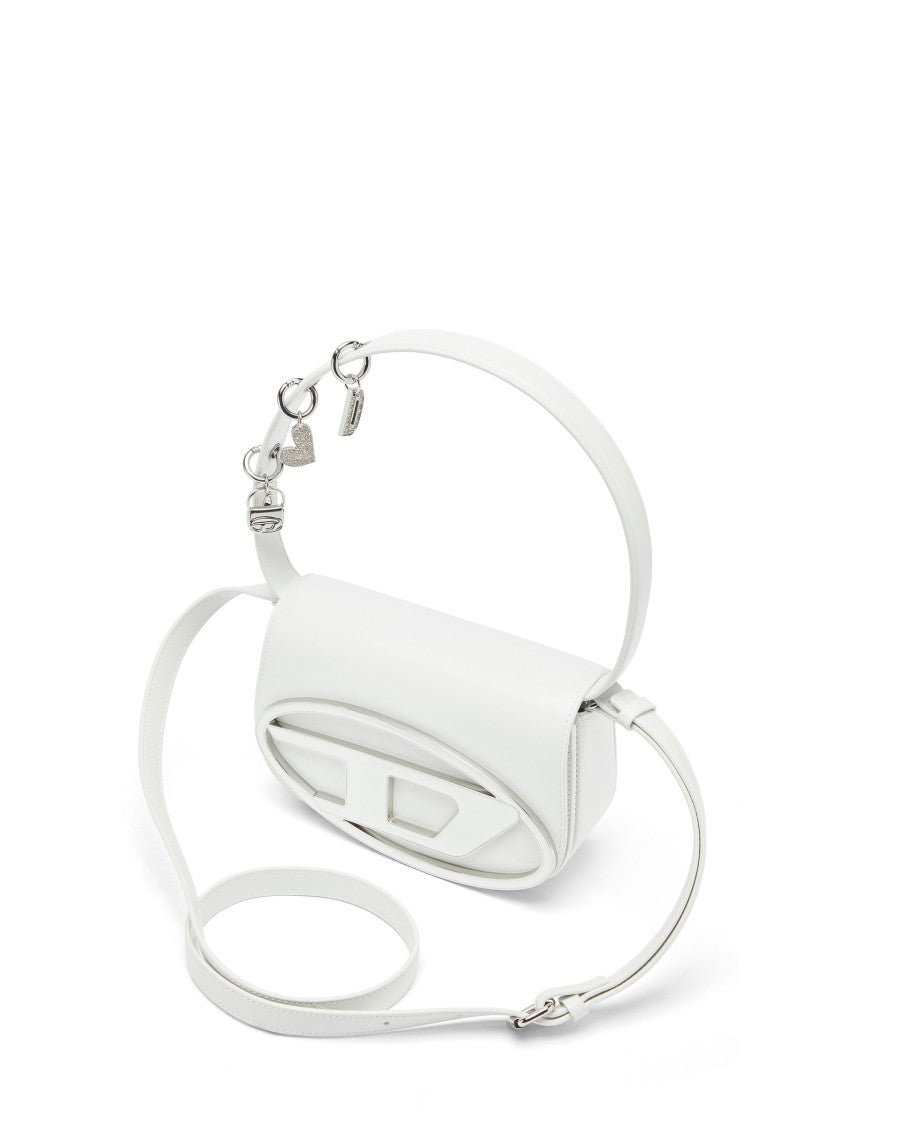 Diesel Structured White Leather Shoulder Bag With Flap Closure And Charms