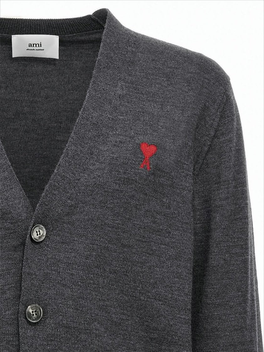 Ami Paris V-Neck Grey Wool Cardigan With Button-Down Front