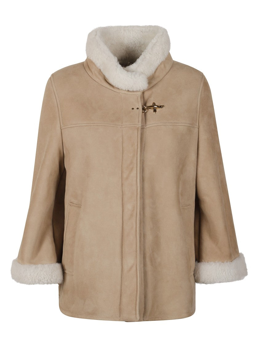 Fay Boxy Beige Suede Coat With Plush Shearling Lining