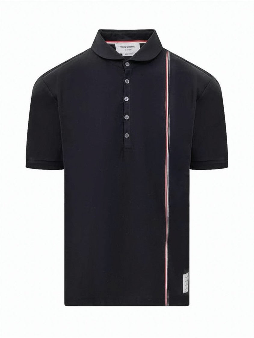 Thom Browne Solid Black Polo Shirt With Tricolor Stripe Detail