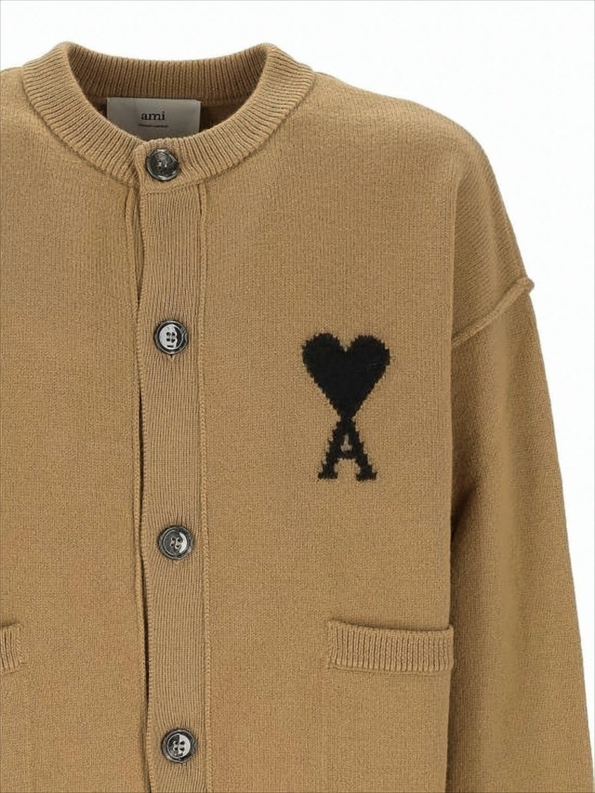 Ami Paris Wool Cardigan With Embroidered Heart Detail