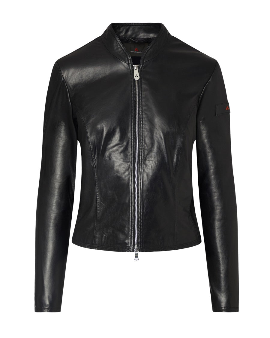 Peuterey Fitted Black Biker Jacket With Dual Slider Zip And Stand-Up Collar