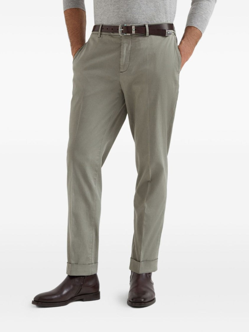 Brunello Cucinelli Tailored Grey Cotton Trousers With Turn-Up Cuffs