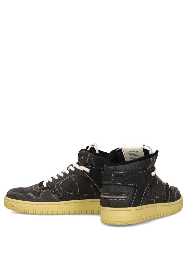 Philippe Model Black Distressed Weathered Chunky Sole Leather-Blend Sneakers