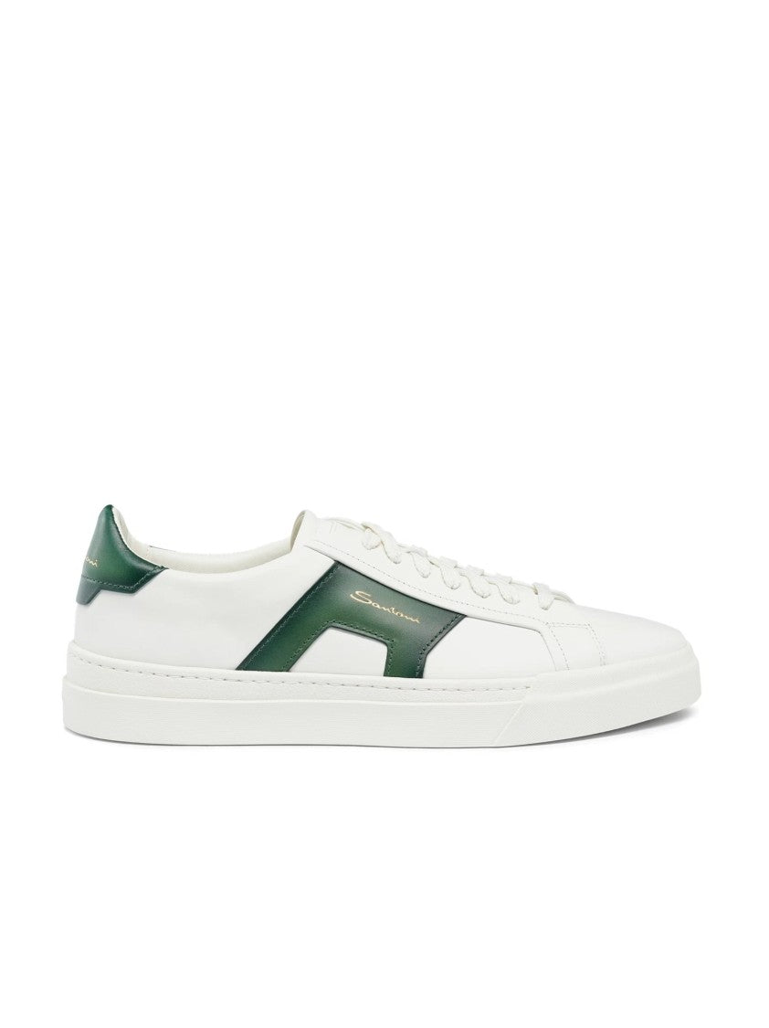 Santoni White Leather Sneakers With Double Buckle Accent