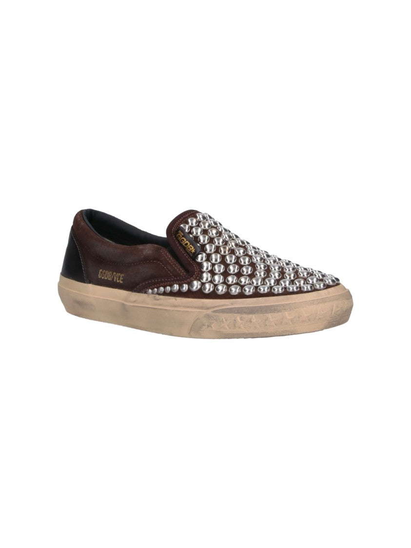 Golden Goose Slip-On Brown Suede Sneakers With Silver-Tone Studs