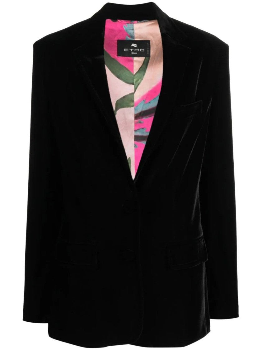 Etro Black Single-Breasted Blazer With Floral Lining