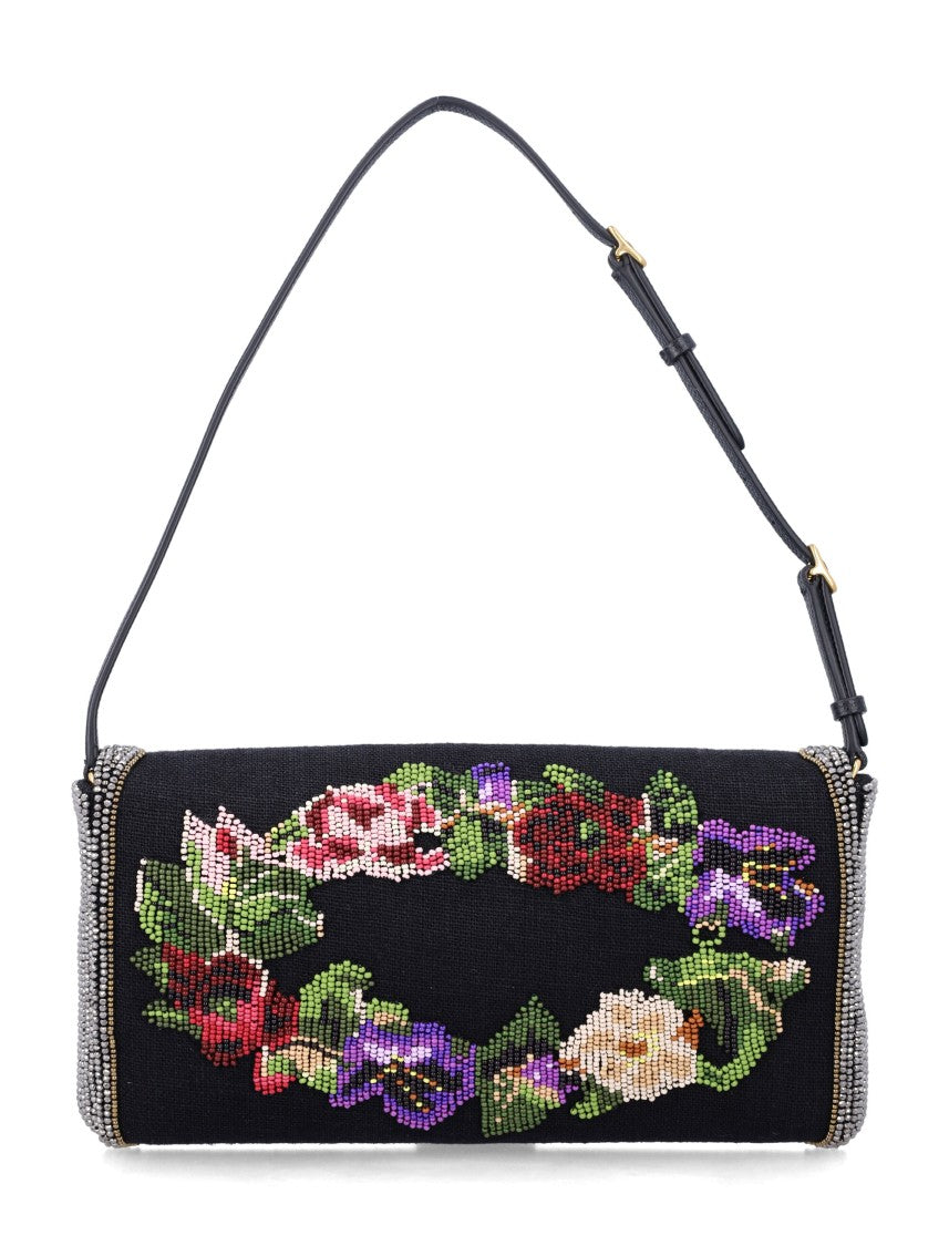 Valentino Garavani Devain Floral Beaded Linen Leather Shoulder Bag