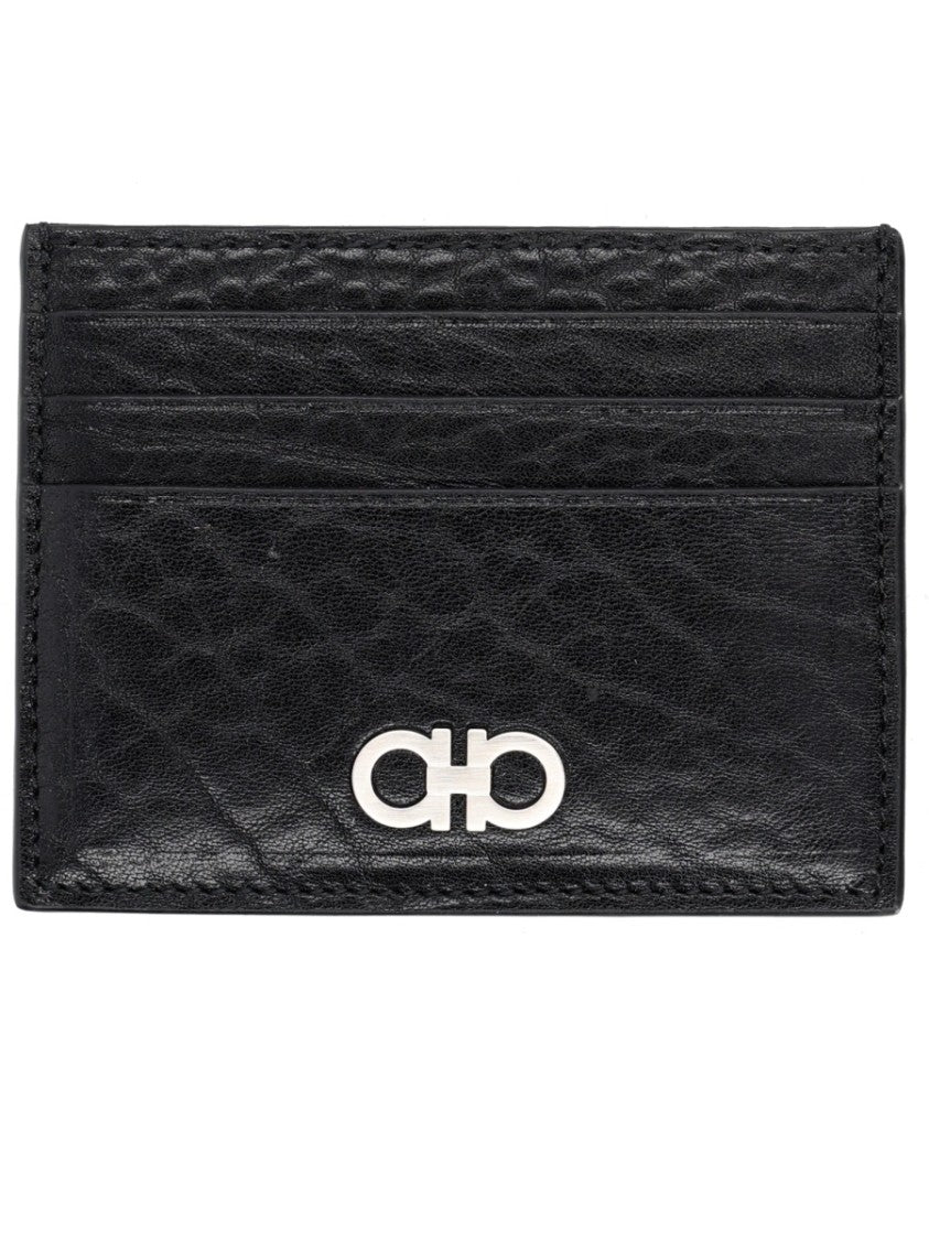 Ferragamo Textured Multiple Slots Metallic Emblem Leather Wallet